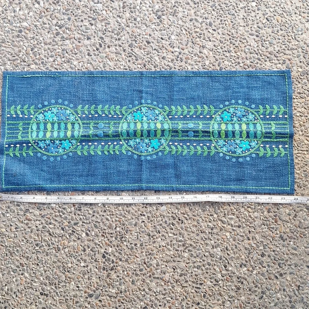 Vintage 70s Small Side Table Runner Hand Embroidered Hemp Boho Handmade